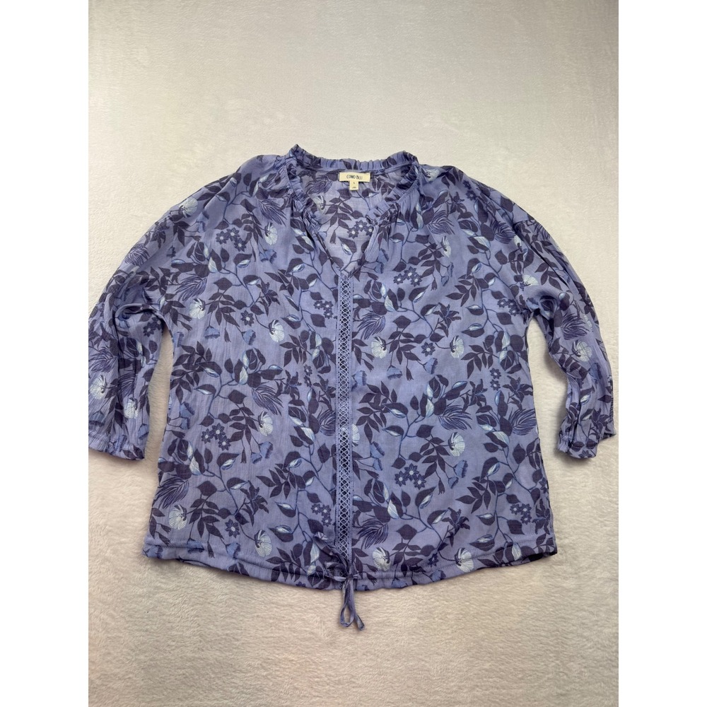 Como Blu Women Purple Floral Ruffle V-Neck Drawstring Blouse Large light summer